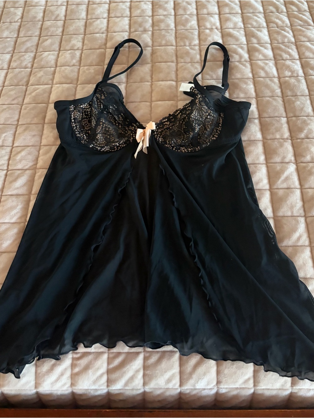 Gilligan & O'Malley Black Lace Babydoll Chemise with Bow Accent